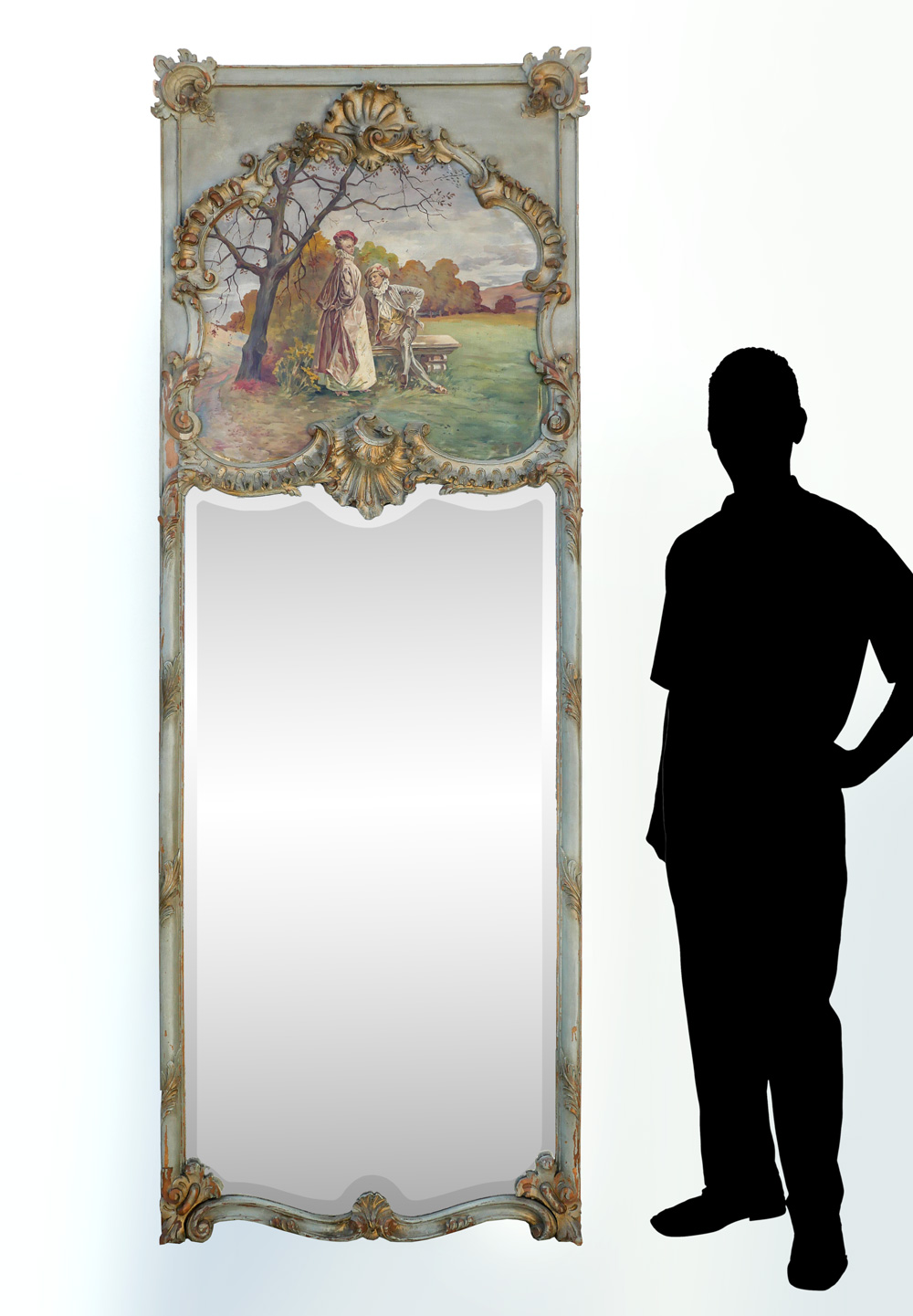 Appraisal: TALL TRUMEAU MIRROR WITH PAINTING French Trumeau large beveled mirror