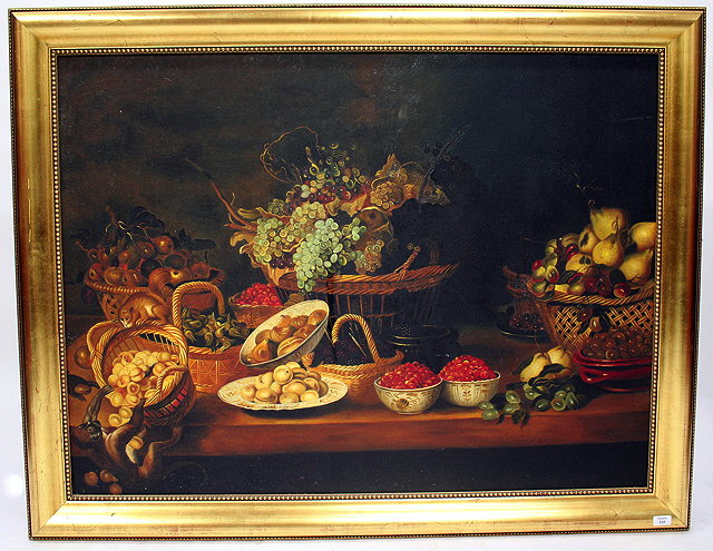 Appraisal: A LARGE DECORATIVE PICTURE of fruit within baskets on a