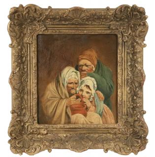 Appraisal: VICTORIAN GENRE PAINTING Small Girl with Elderly Couple in Rags