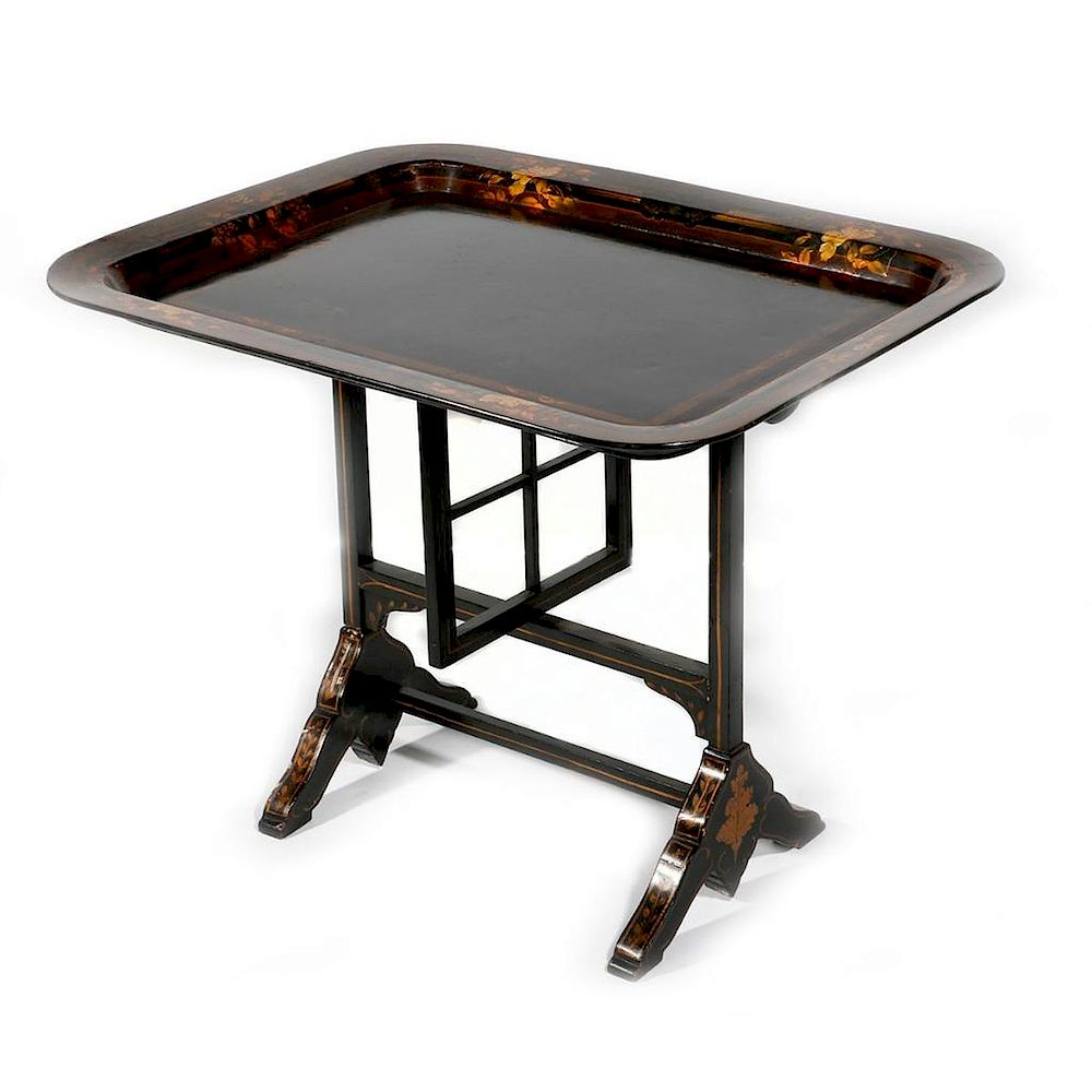 Appraisal: A th century tray on stand A Victorian ebonized th