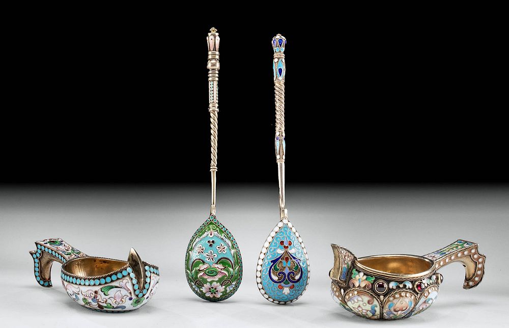 Appraisal: Four th C Russian Silver Kovsh Spoons w Garnets Eastern