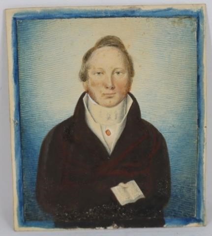 Appraisal: MINIATURE PORTRAIT OF GENTLEMAN WITH A BOOK PROBABLY AMERICAN INSCRIBED