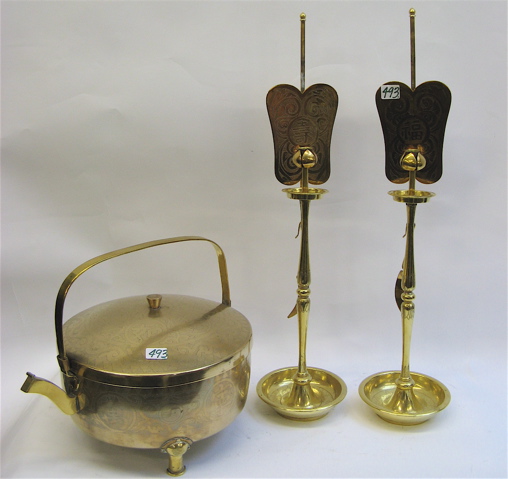 Appraisal: THREE ASIAN BRASS DECORATIVE ACCESSORIES One is a large teakettle