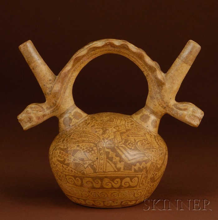 Appraisal: Pre-Columbian Double Spout Pottery Vessel Huari Lambayaque the spouts with