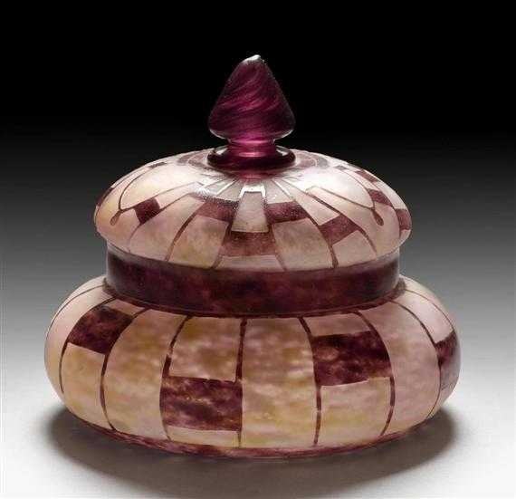 Appraisal: SCHNEIDER COLLIERS BONBONNIERE circa Acid-etched pink glass with violet overlay