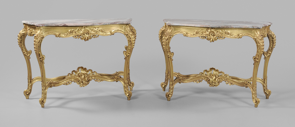 Appraisal: Pair Louis XV Style Carved and Gilt Marble-Top Pier Tables