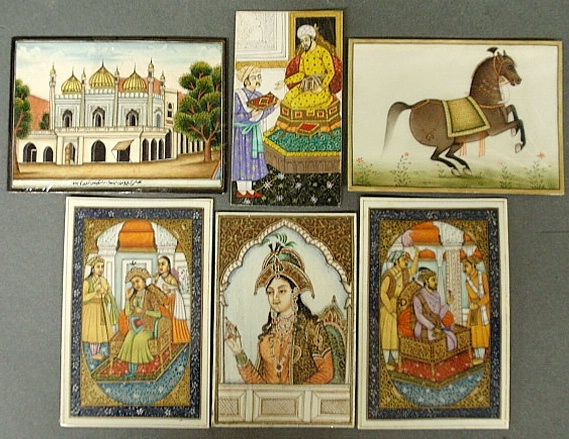 Appraisal: - Six small unframed colorful th c Persian paintings of