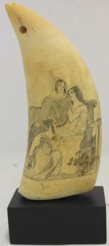 Appraisal: LATE TH C SCRIMSHAW WHALE'S TOOTH LONGWITH ELEGANTLY DRESSED WOMEN