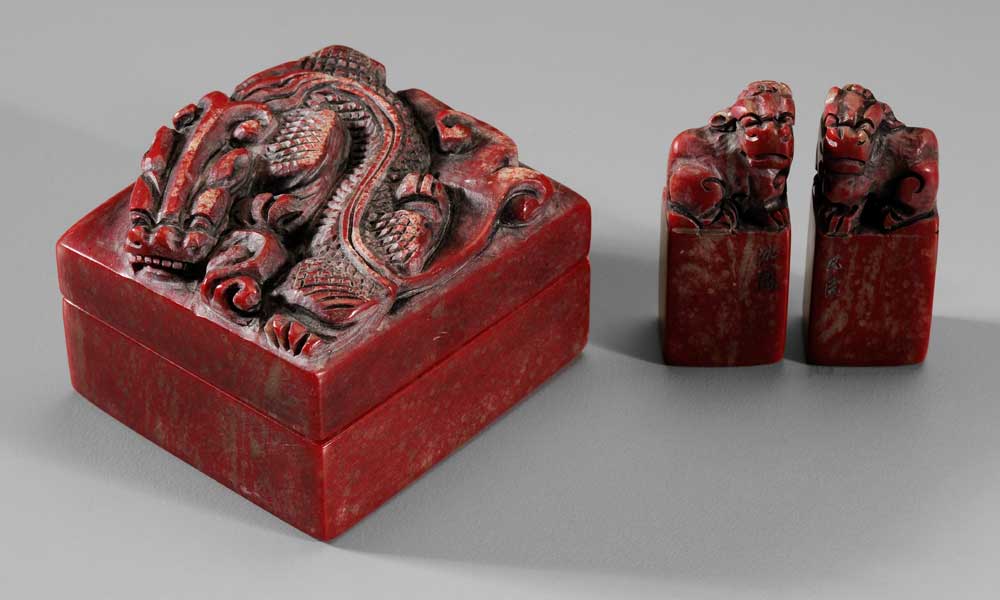 Appraisal: Chicken Blood Stone Seal Set Chinese red stone with celadon