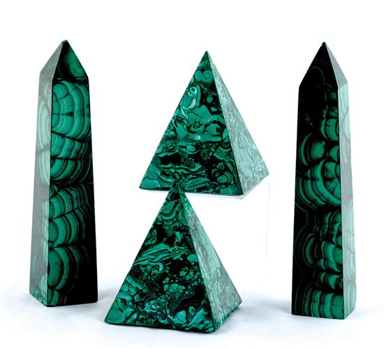 Appraisal: Pairs malachite obelisks and pyramids obelisks H and pyramids H