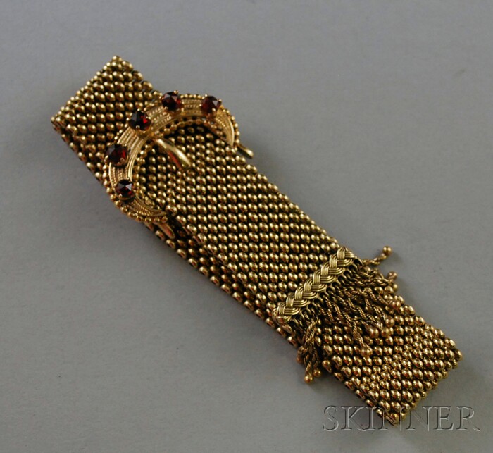 Appraisal: Antique kt Gold and Garnet Buckle-form Mesh Slide Bracelet the