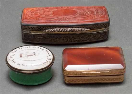 Appraisal: Silver box with carved amber lid and bottom agate pill