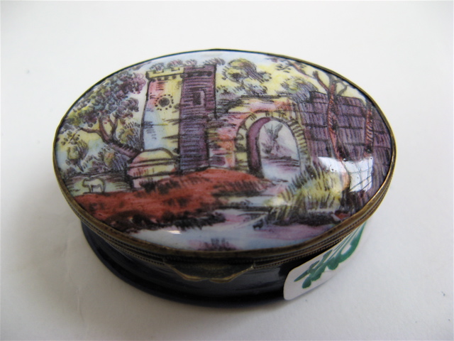 Appraisal: BILSTON ENGLISH OVAL ENAMELED BOX late th century the hinged