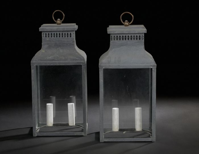 Appraisal: Large Pair of French Wrought-Iron Entrance Lanterns in the Restauration