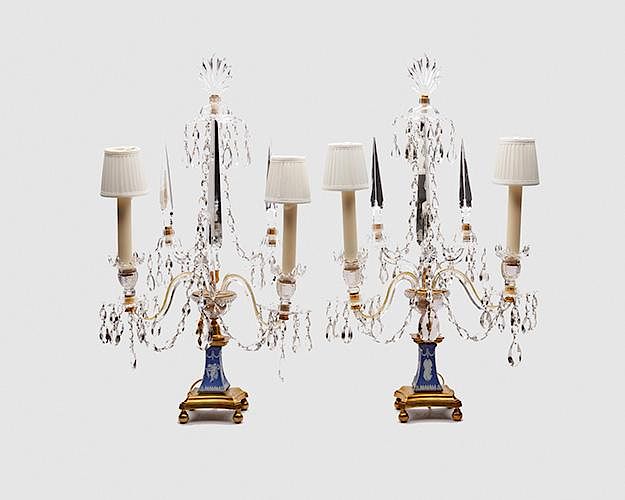 Appraisal: Pair of English Cut-Glass Two Light Candelabra th century Pair