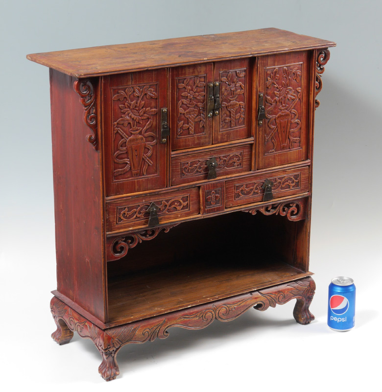 Appraisal: SMALL CARVED ORIENTAL ALTAR CABINET Double board top with through