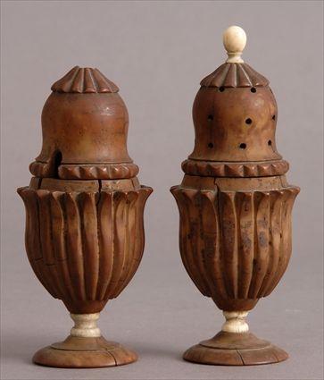 Appraisal: CONTINENTAL IVORY-MOUNTED CARVED YEWWOOD CASTER AND MATCHING MUSTARD POT Each