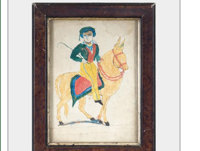 Appraisal: FRAKTUR OF A MAN MOUNTED ON A HORSE Watercolor on