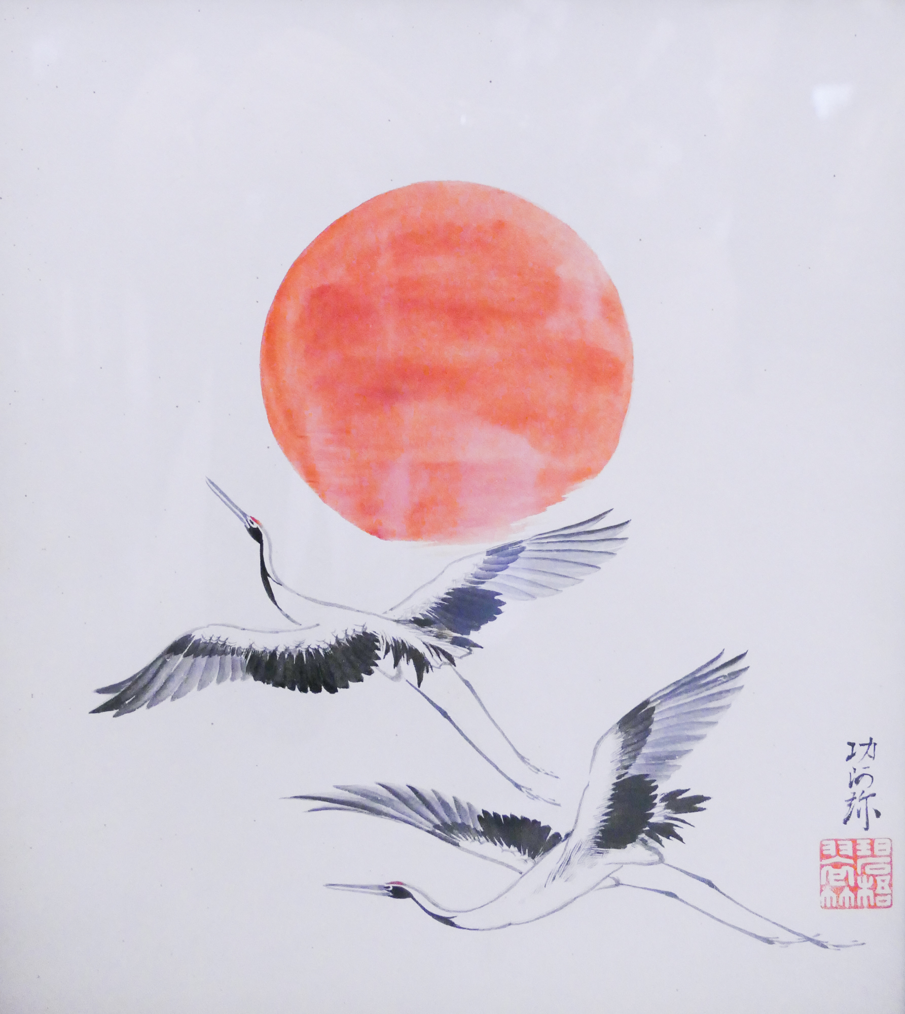 Appraisal: Japanese Cranes Shikishi Board Painting Framed- x ''