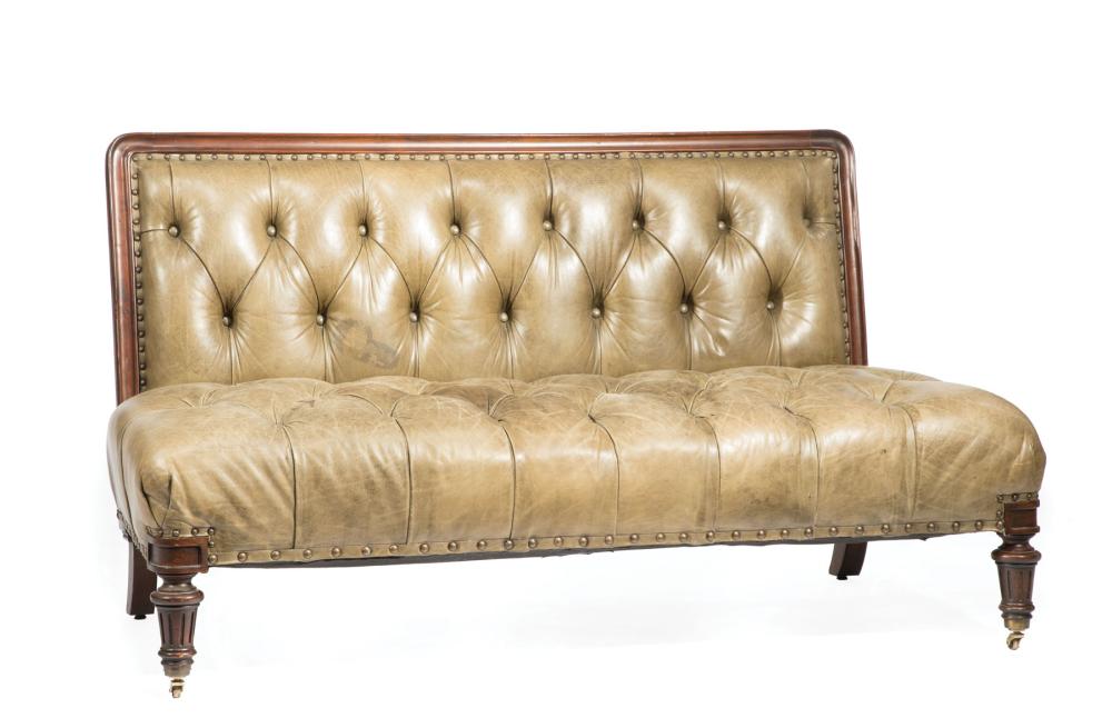 Appraisal: Ralph Lauren Mahogany and Button-Tufted Leather Sofa molded back stop-fluted