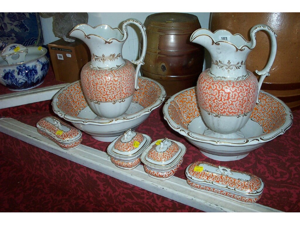 Appraisal: A Victorian jug and basin set with orange and gilt