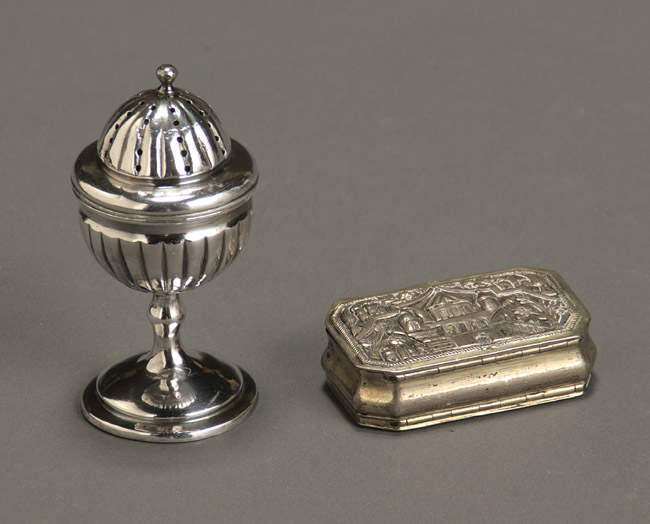 Appraisal: Continental Neoclassical Silver Spice Container and a Gilt Snuff Box