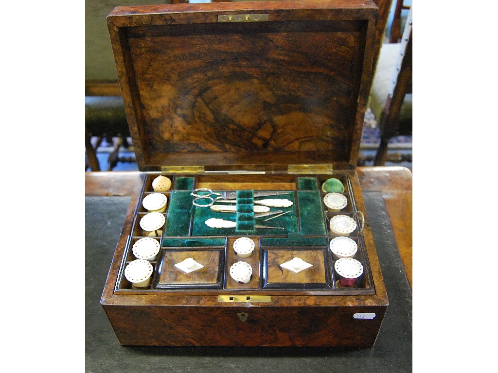 Appraisal: Victorian burr walnut sewing box the hinged lid with inset