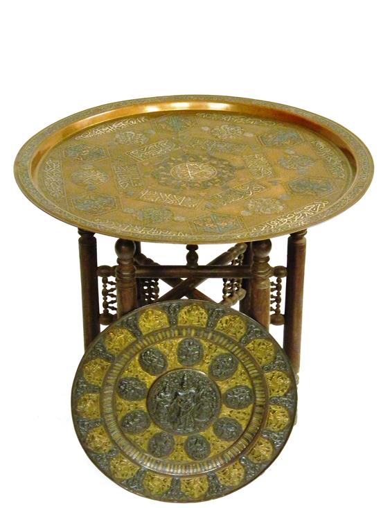 Appraisal: Metal tray table with detachable metal top Arabic script decoration