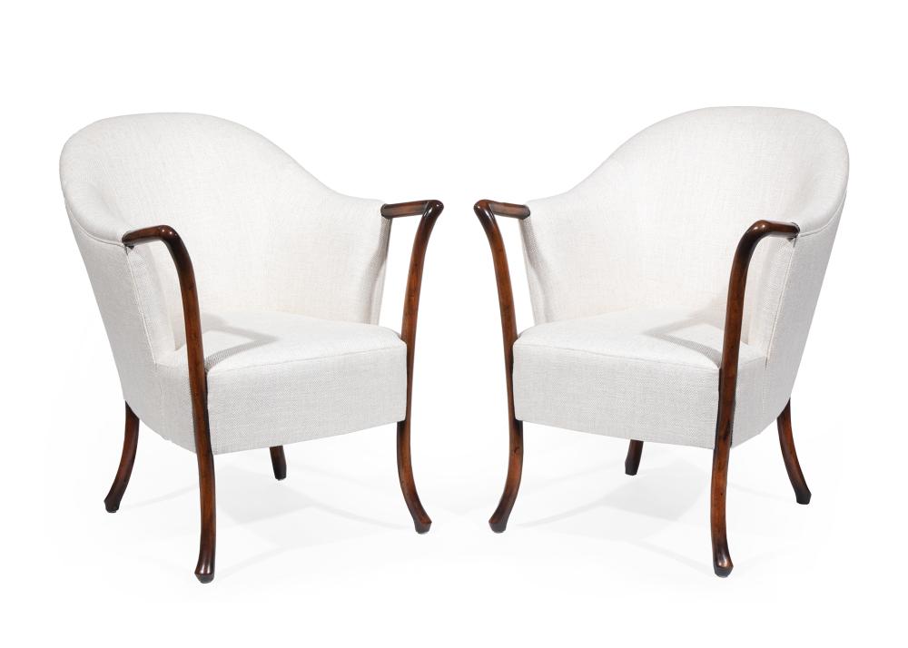 Appraisal: Pair of John Richard Lakewood Walnut Club Chairs labeled linen