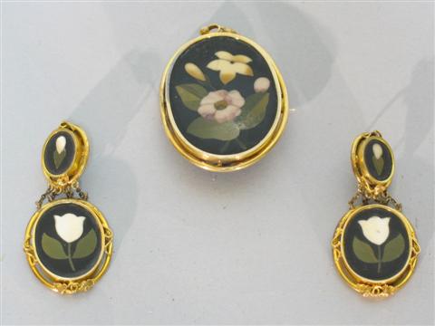 Appraisal: SET OF PIETRA DURA EARRINGS AND PENDANT BROOCH Each piece