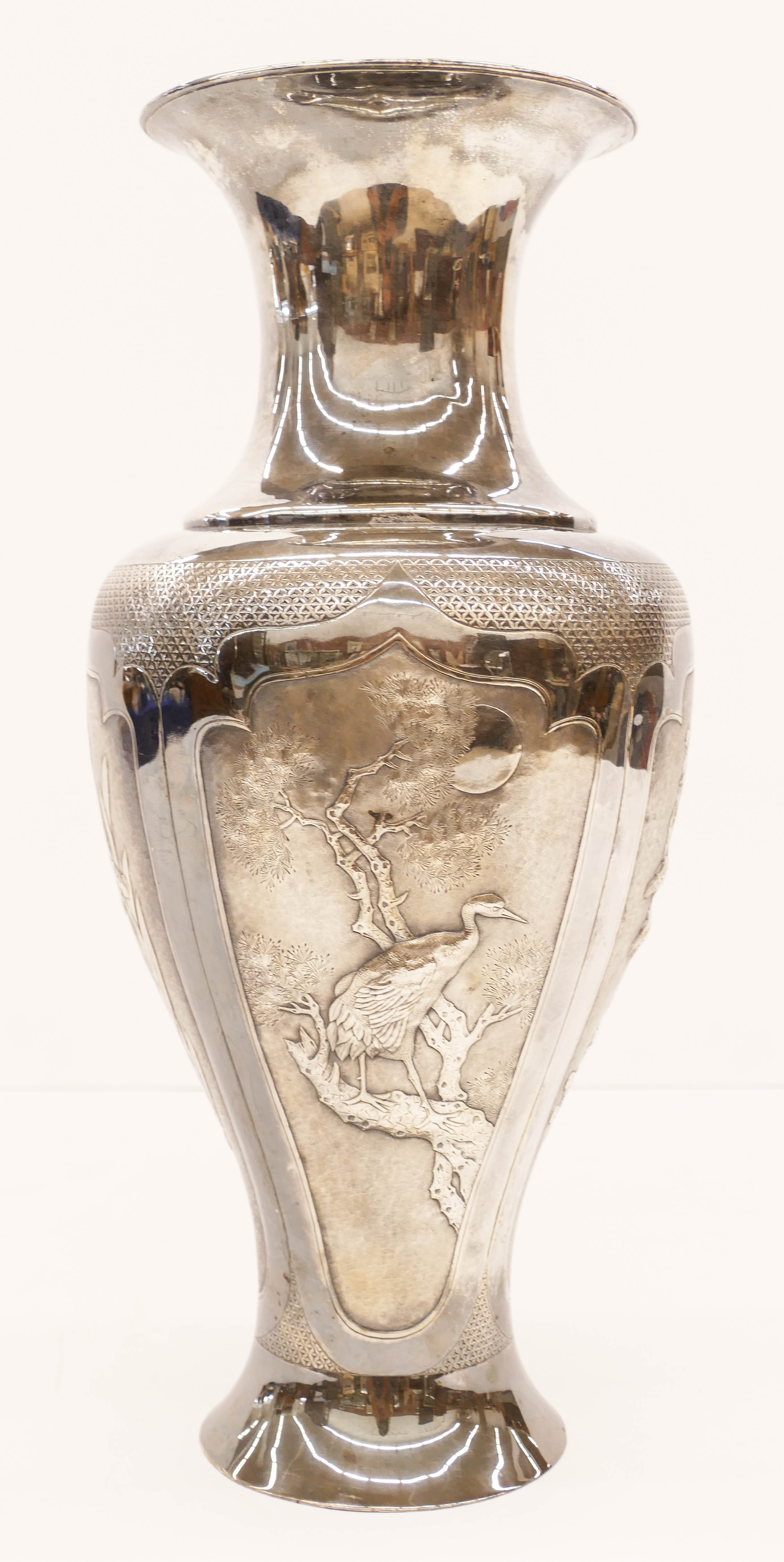 Appraisal: Fine Japanese Silver Plated Bird Vase ''x '' Fine hammered