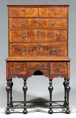 Appraisal: Massachusetts highboy William and Mary highly figured burlwood ebonized turned