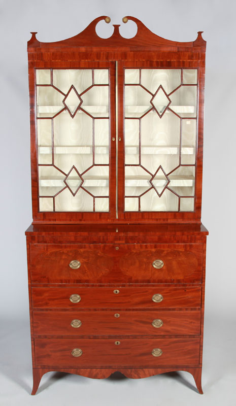 Appraisal: FEDERAL INLAID MAHOGANY SECRETARY BOOKCASE Fitted with a central leather-lined