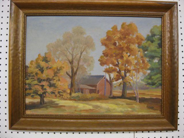 Appraisal: R E Dickinson Oil on Board red barn in autumn