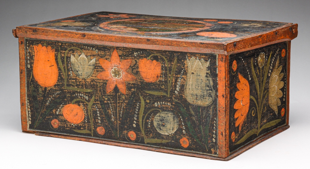 Appraisal: EUROPEAN DECORATED BOX Second half th century birch Lift lid