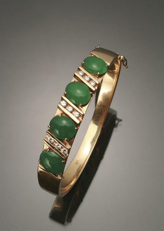 Appraisal: -Karat Yellow-Gold Green Jadeite Jade and Diamond Bangle Bracelet The