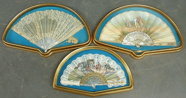 Appraisal: - Three gilt framed Victorian fans two with painted figural