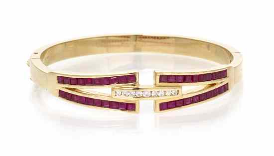 Appraisal: A Karat Yellow Gold Ruby and Diamond Bangle Bracelet containing