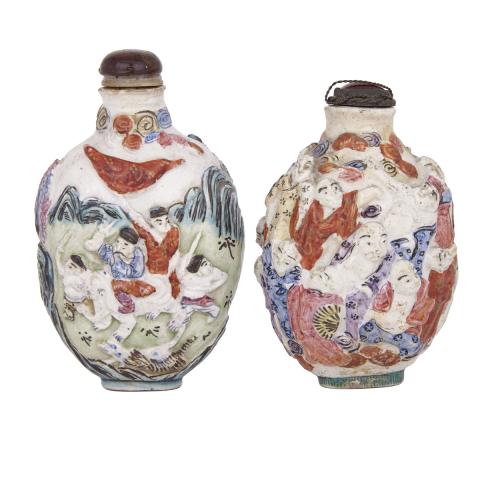 Appraisal: Two Famille Rose Molded Porcelain Snuff Bottles Qianlong Mark and