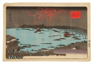 Appraisal: Hiroshige Fireworks at Ryogoku Bridge Woodblock Utagawa Hiroshige also known