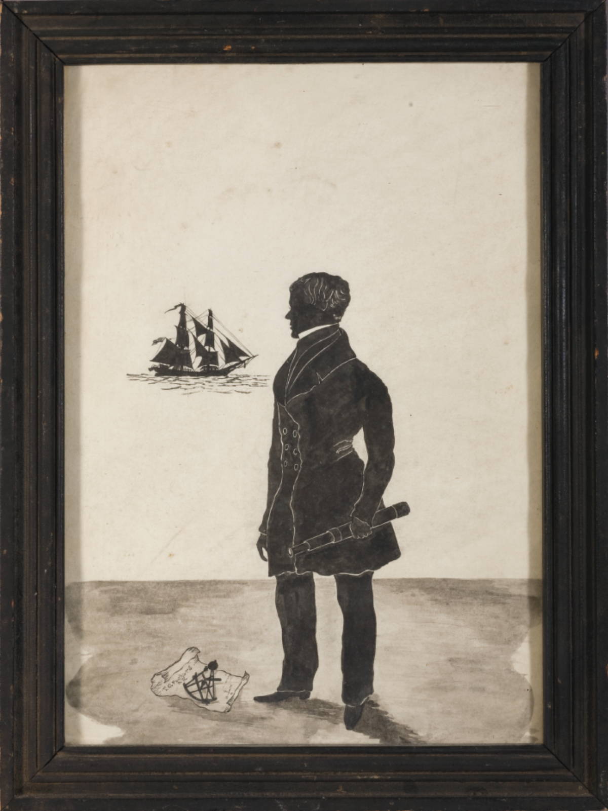 Appraisal: NEW BEDFORD WATERCOLOR SILHOUETTE WITH MAN HOLDING A TELESCOPE SHIP