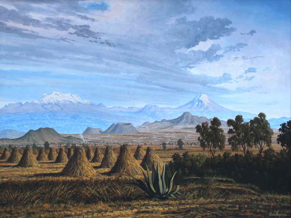 Appraisal: OROPEZA Miguel Mexican th C Panoramic Landscape Depicting Haystacks in