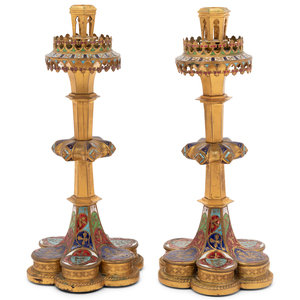 Appraisal: A Pair of Continental Enameled Gilt Bronze Candlesticks th Century