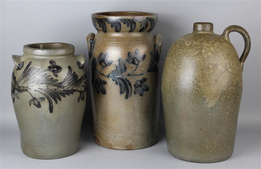 Appraisal: GROUP OF THREE AMERICAN COBALT DECORATED AND STONEWARE CHURNS AND