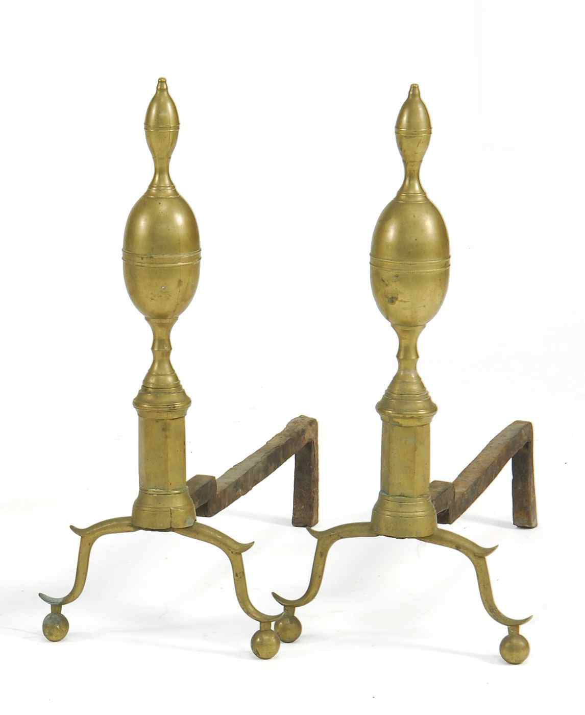 Appraisal: PAIR OF BRASS ANDIRONS AND PAIR OF BRASS JAMB HOOKS