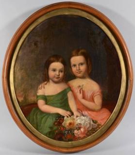 Appraisal: Oval Oil on Portrait of Young Girls w Flowers th