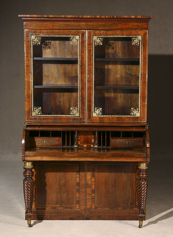 Appraisal: Regency Brass Marquetry Rosewood Tambour Cylinder Bureau-Bookcase Circa In two