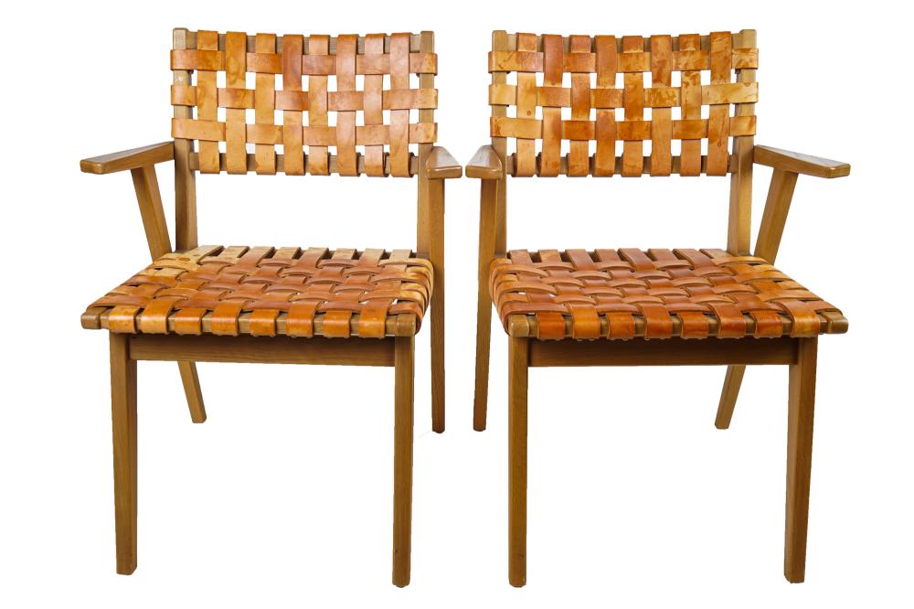 Appraisal: SET OF FOUR MODERNIST WOOD LEATHER STRAP CHAIRScontemporary unsigned Condition