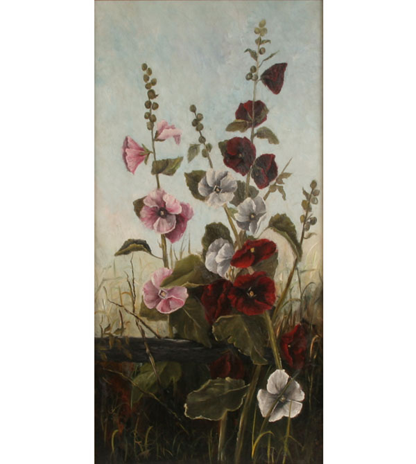 Appraisal: Floral still life with red pink and white hollyhocks oil