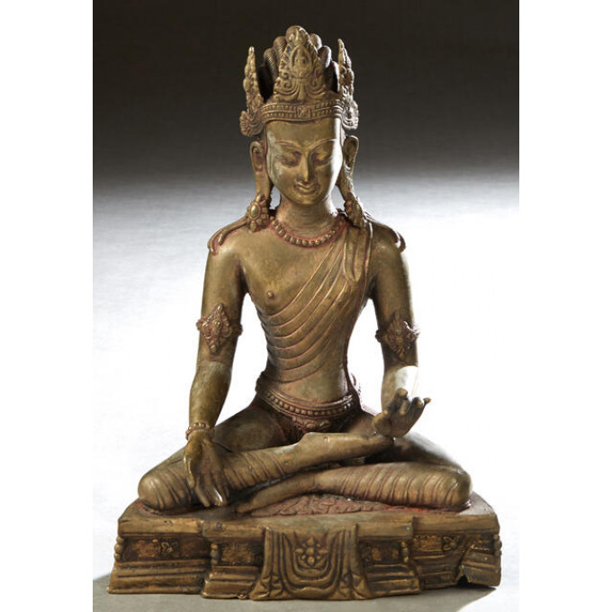 Appraisal: Patinated Bronze Seated Buddha Figure th c on an integral